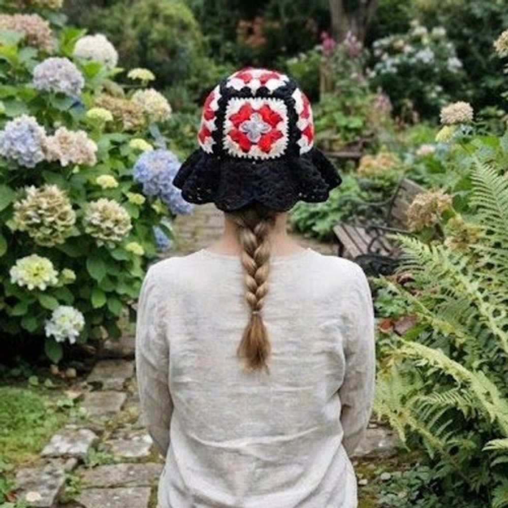 Handmade Crochet Granny Square Hat Womens Black Red Boho Eclectic Floppy Artsy